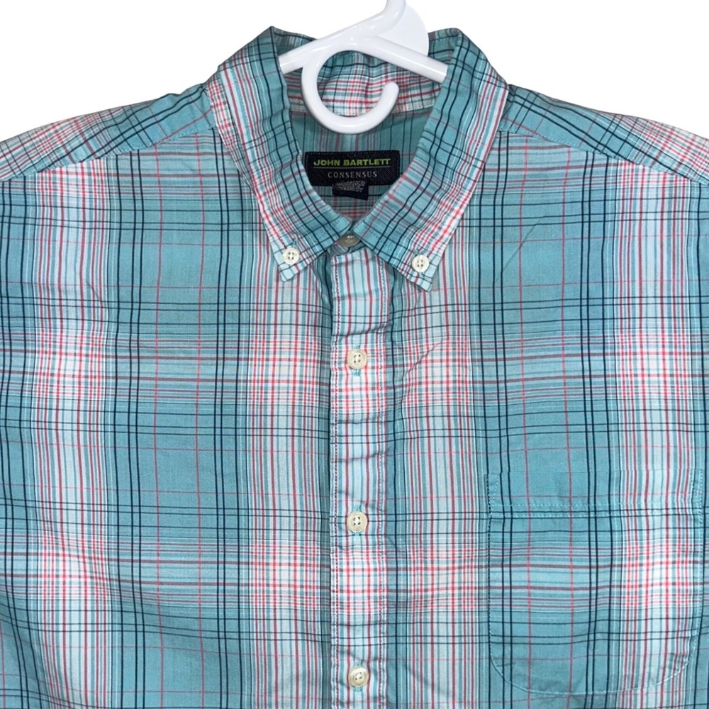 John Bartlett Consensus Mens Large Turquoise Pink Plaid Short Sleeve Button Down